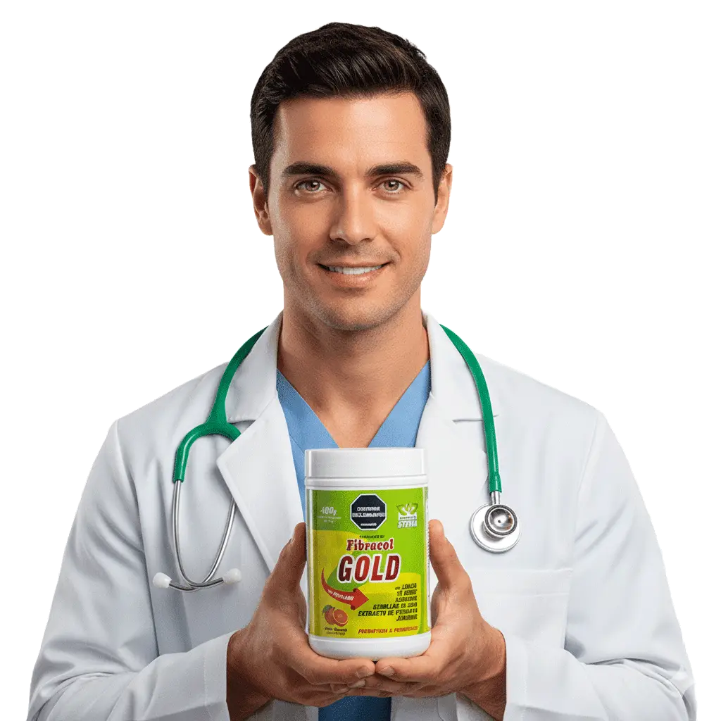 Médico con bata blanca y estetoscopio sosteniendo un tarro del suplemento FibraGOLD, recomendándolo para la salud digestiva