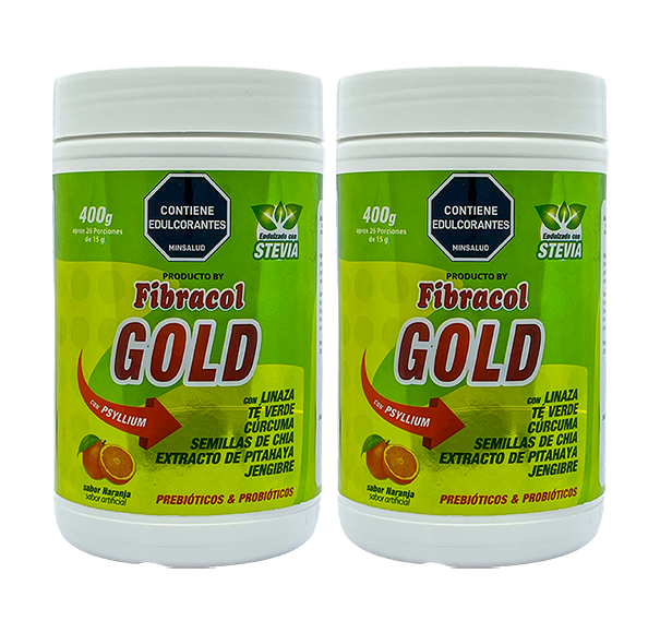 Dos tarros de FibraGOLD de 400g en conjunto destacando el paquete promocional