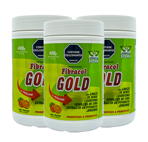 Tres tarros de FibraGOLD de 400g en conjunto destacando el paquete promocional
