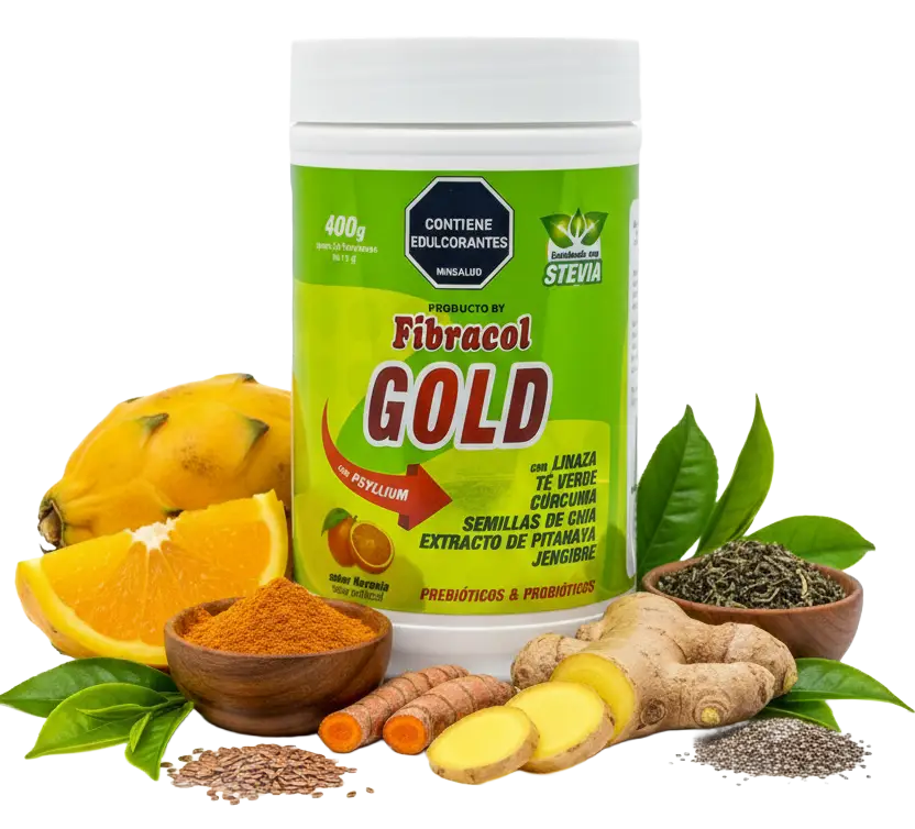 Tarro de FibraGOLD de 400 g rodeado de ingredientes naturales: pitahaya amarilla, naranja en rodajas, cúrcuma en polvo, jengibre, semillas de chía, hojas de té verde y linaza